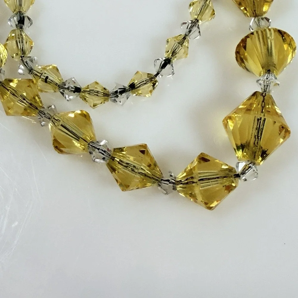 Vintage Faceted Glass Necklace Yellow Bicone Beads Clear Crystal Spacers 16